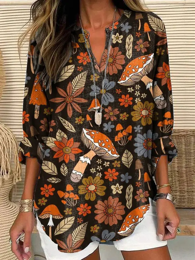 Women's V neck Floral Simple Casual T shirt Long Sleeve 21 D719 - Shop at LoveMi