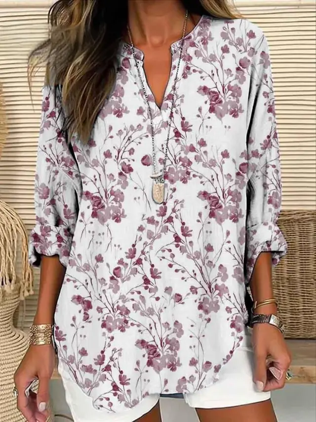Women's V neck Floral Simple Casual T shirt Long Sleeve 25D719 - Shop at LoveMi