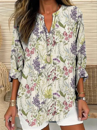 Women's V neck Floral Simple Casual T shirt Long Sleeve 26 D719 - Shop at LoveMi