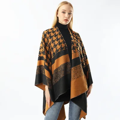 Women's Split Houndstooth Cape And Shawl Fashionable Simple Retro Cloak All matching Orange - Shop at LoveMi