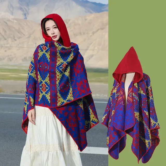Dali Tourism Ethnic Style Shawl Northwest Thickened Warm Scarf Cloak Sapphire Blue - Shop at LoveMi