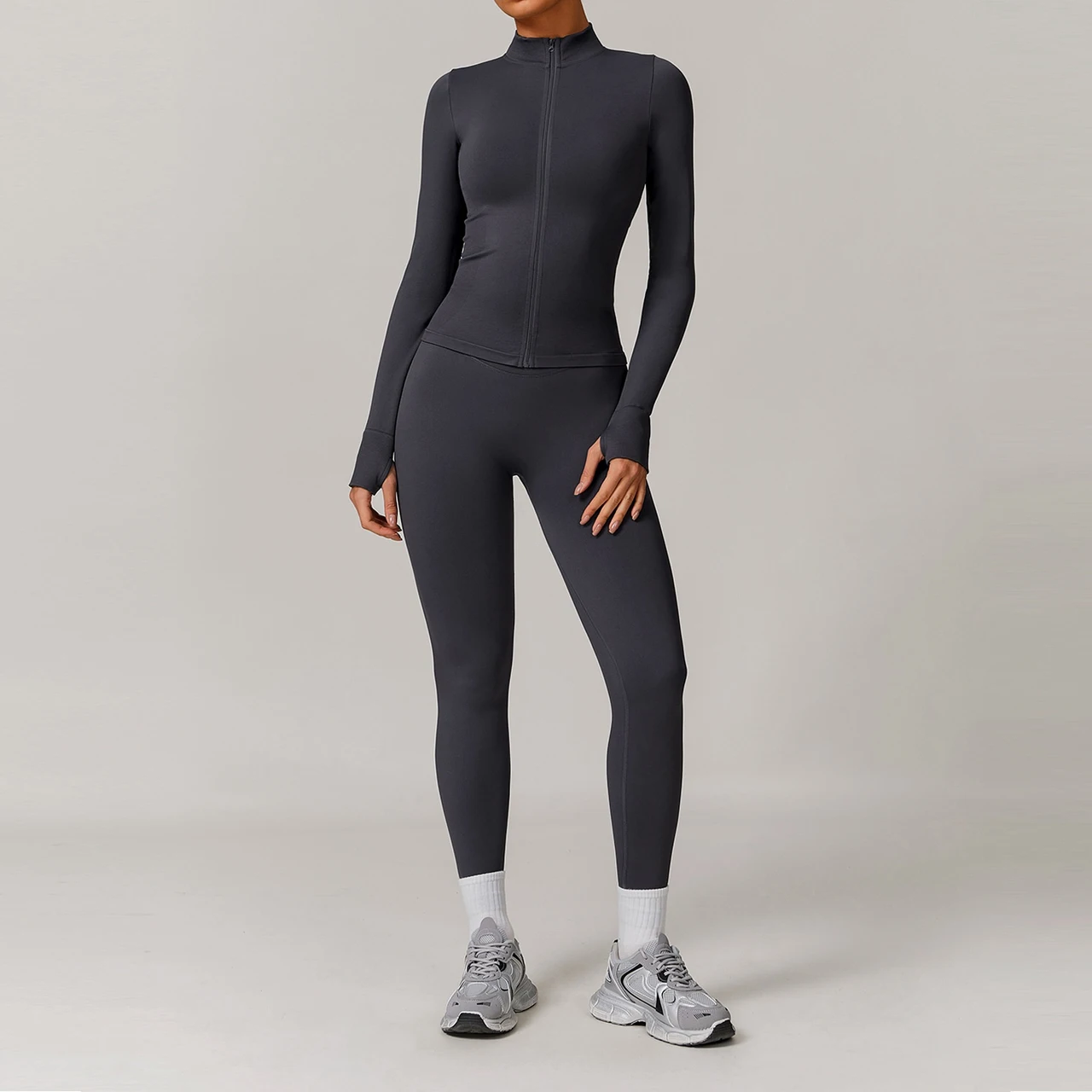 Windproof Slim Fit Warm Top Exercise Running Outfit - 7755 Dark Gray