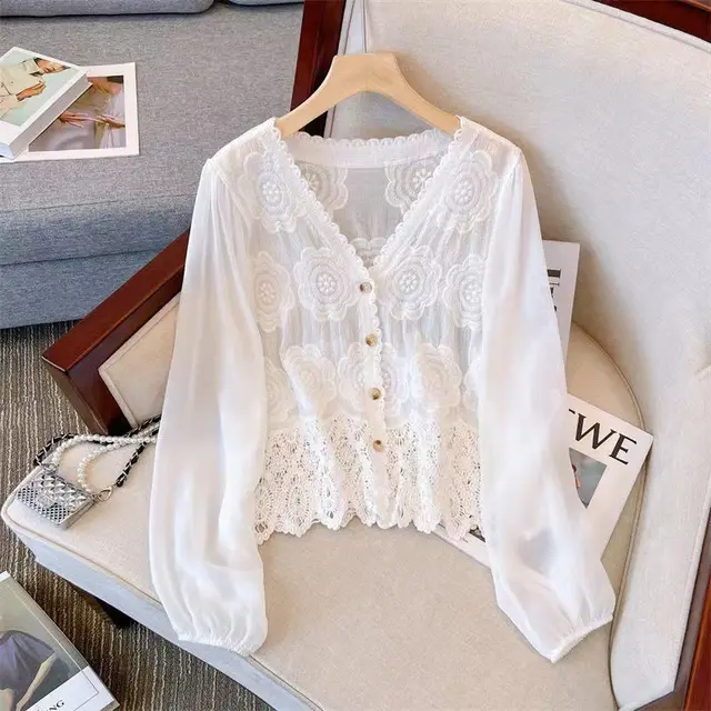 New French Style Summer Hollow out Shirt Stitching Flying Sleeves Top White - Shop at LoveMi