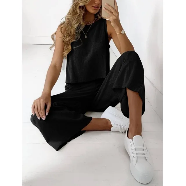 Cotton And Linen Suit Women's Sleeveless Shirt Cropped Wide leg Pants Two Piece Set Black - Shop at LoveMi