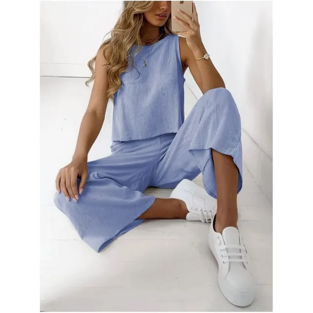 Cotton And Linen Suit Women's Sleeveless Shirt Cropped Wide leg Pants Two Piece Set Light Blue - Shop at LoveMi