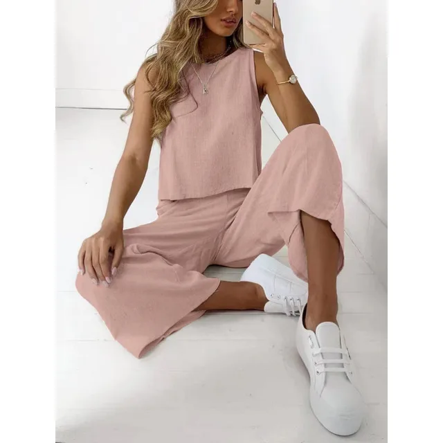 Cotton And Linen Suit Women's Sleeveless Shirt Cropped Wide leg Pants Two Piece Set Pink - Shop at LoveMi