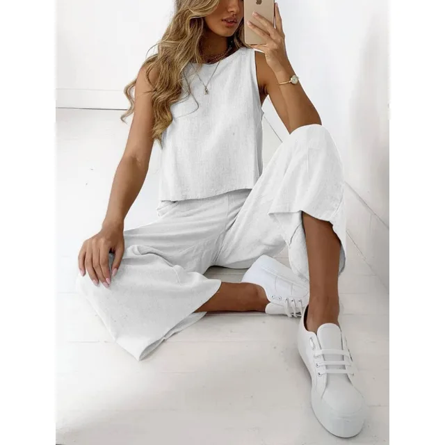 Cotton And Linen Suit Women's Sleeveless Shirt Cropped Wide leg Pants Two Piece Set White - Shop at LoveMi