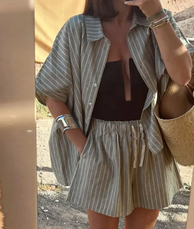 Striped Shirt Pocket Shorts Loose Leisure Suit Women Gray - Shop at LoveMi