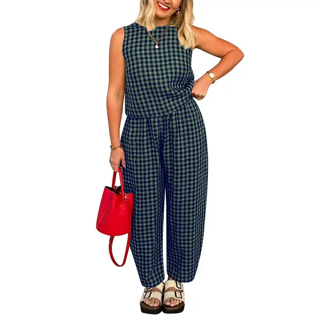 Women's Solid Color Plaid Loose Casual Sleeveless Vest Pants Suit Dark Green - Shop at LoveMi