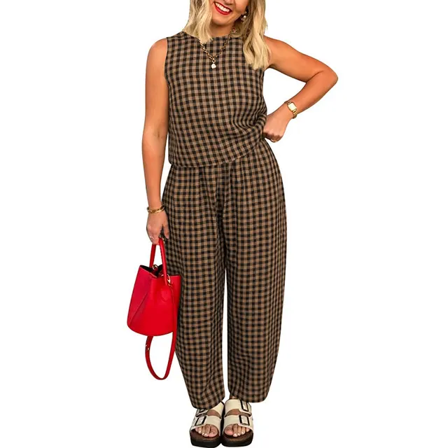 Women's Solid Color Plaid Loose Casual Sleeveless Vest Pants Suit Khaki - Shop at LoveMi