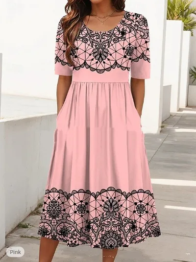 Women's Digital Printed Round Neck Short Sleeved Pocket Casual Dress No 2 Color - Shop at LoveMi