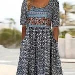 Women's Digital Printed Round Neck Short Sleeved Pocket Casual Dress - No 5 Color