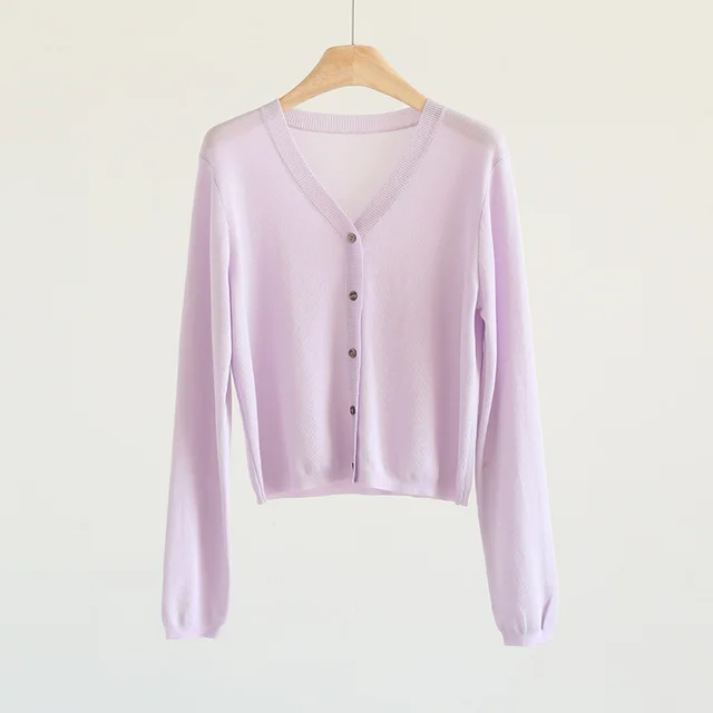 Spring And Summer V neck Short Tencel Knitted Cardigan Pure Color All matching Light Purple - Shop at LoveMi