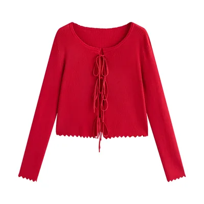 Sweet Denim Vest Pleated Skirt Cardigan Plus Size Set Red Cardigan - Shop at LoveMi