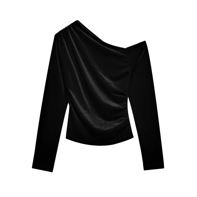 Diagonal Collar Pleated Slim fit Asymmetric Long sleeved Top For Women Black - Shop at LoveMi