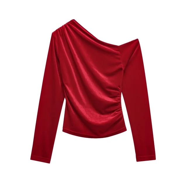 Diagonal Collar Pleated Slim fit Asymmetric Long sleeved Top For Women Red - Shop at LoveMi