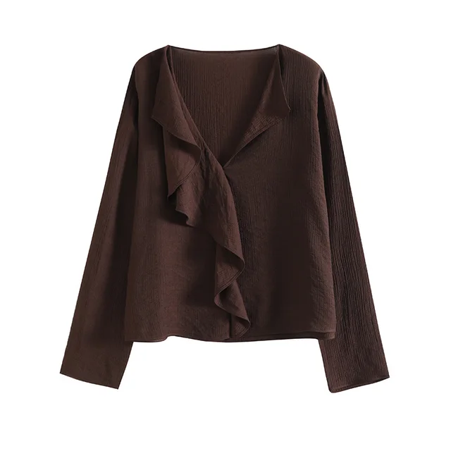 French Lightly Mature Ruffled V neck Long Sleeve Shirt - Shop at LoveMi