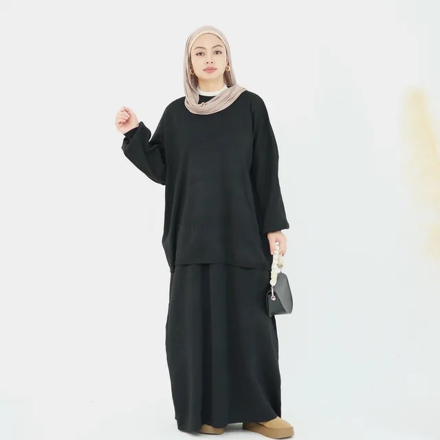 Autumn And Winter Thickening Knitting Suit Solid Color Multi color Two piece Set Black - Shop at LoveMi