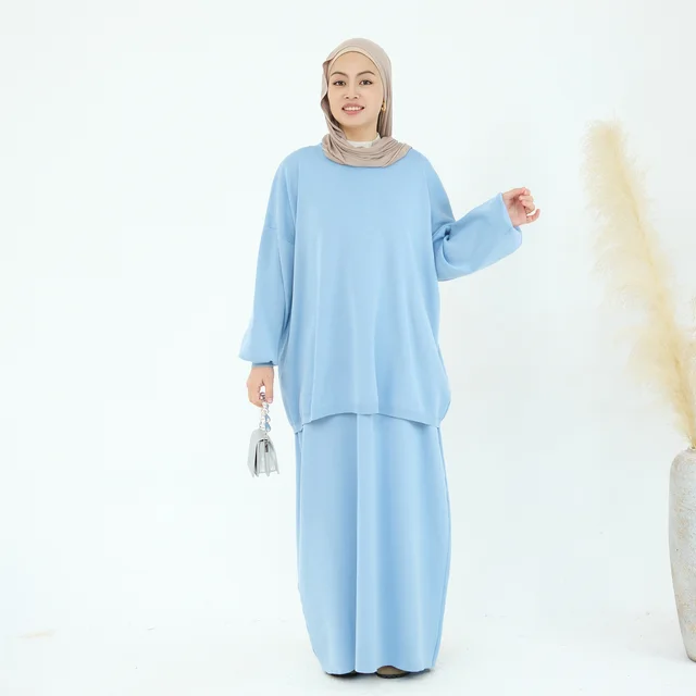 Autumn And Winter Thickening Knitting Suit Solid Color Multi color Two piece Set Light Blue - Shop at LoveMi