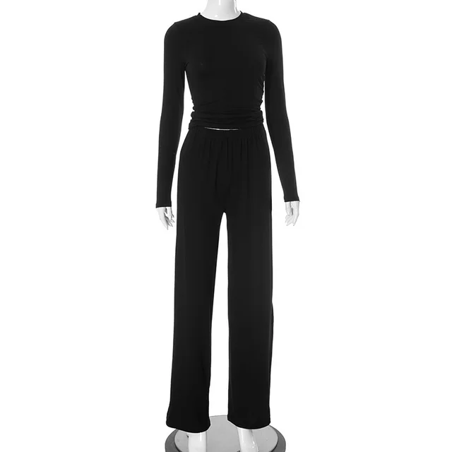 European And American Solid Color Long sleeved Top Wide Leg Pants Suit Women Black - Shop at LoveMi
