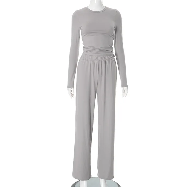 European And American Solid Color Long sleeved Top Wide Leg Pants Suit Women Gray - Shop at LoveMi