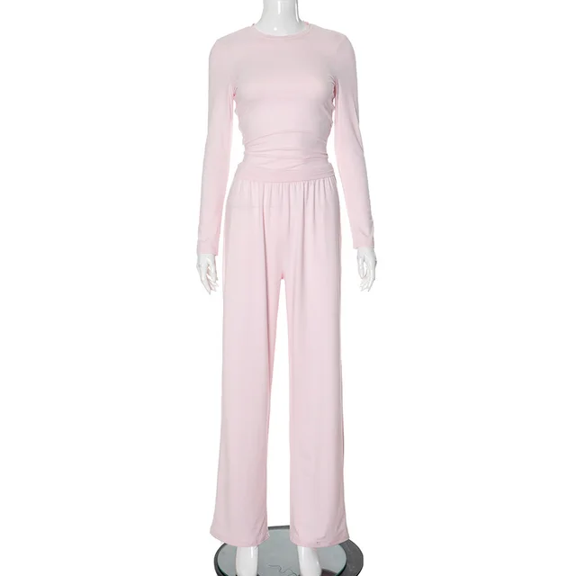 European And American Solid Color Long sleeved Top Wide Leg Pants Suit Women Pink - Shop at LoveMi