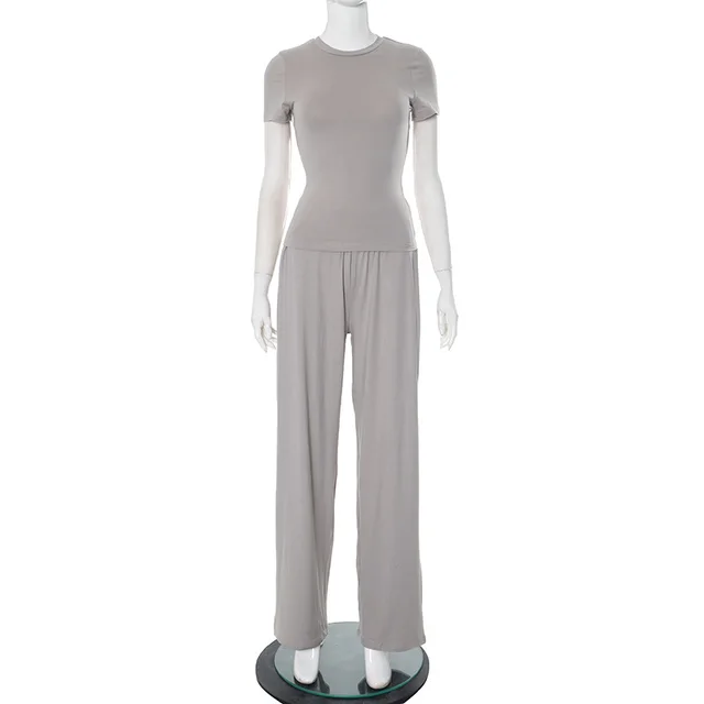 Spring And Summer Round Neck Solid Color Slim Fit Pullover Elastic Waist Wide Leg Trousers Suit Gray - Shop at LoveMi