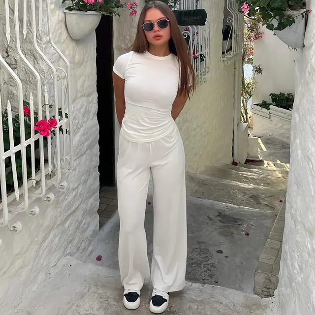 Spring And Summer Round Neck Solid Color Slim Fit Pullover Elastic Waist Wide Leg Trousers Suit White - Shop at LoveMi