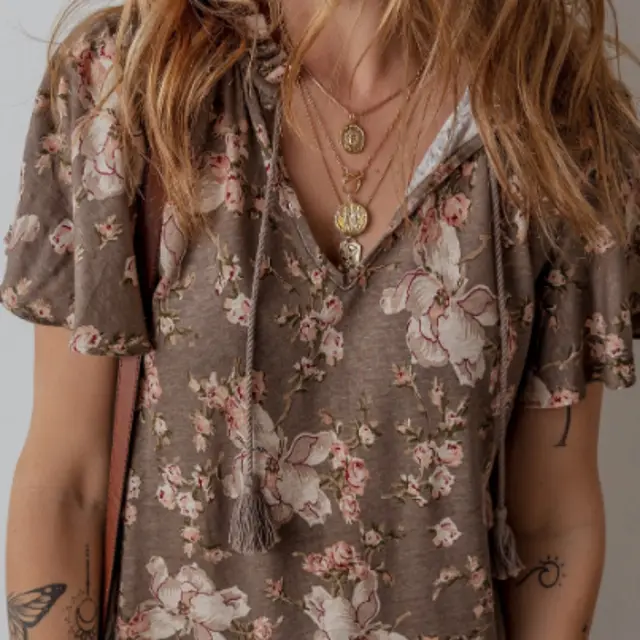 Khaki Retro Floral Print Tassel Tie Split Neck Short Sleeve Blouse Khaki - Shop at LoveMi