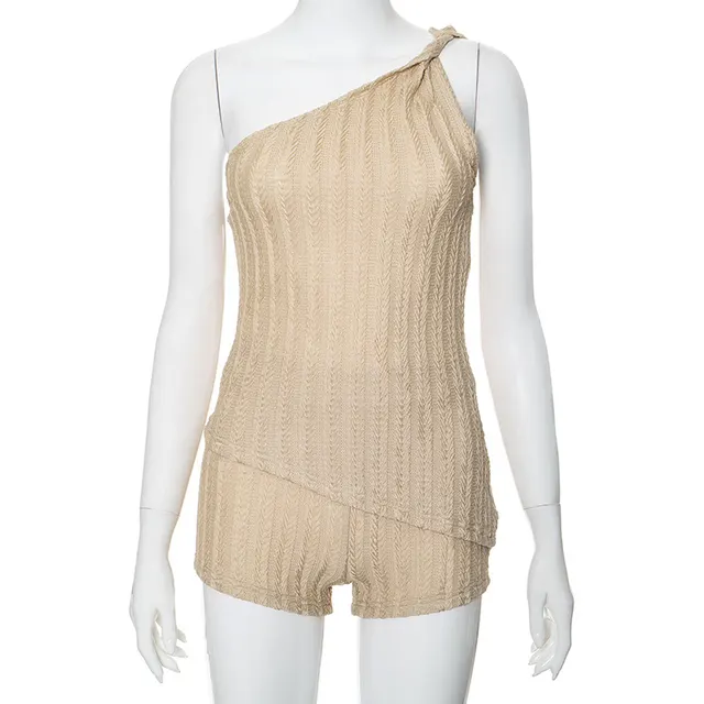 One Shoulder Sleeveless Backless Shorts Casual Sexy Suit Khaki - Shop at LoveMi