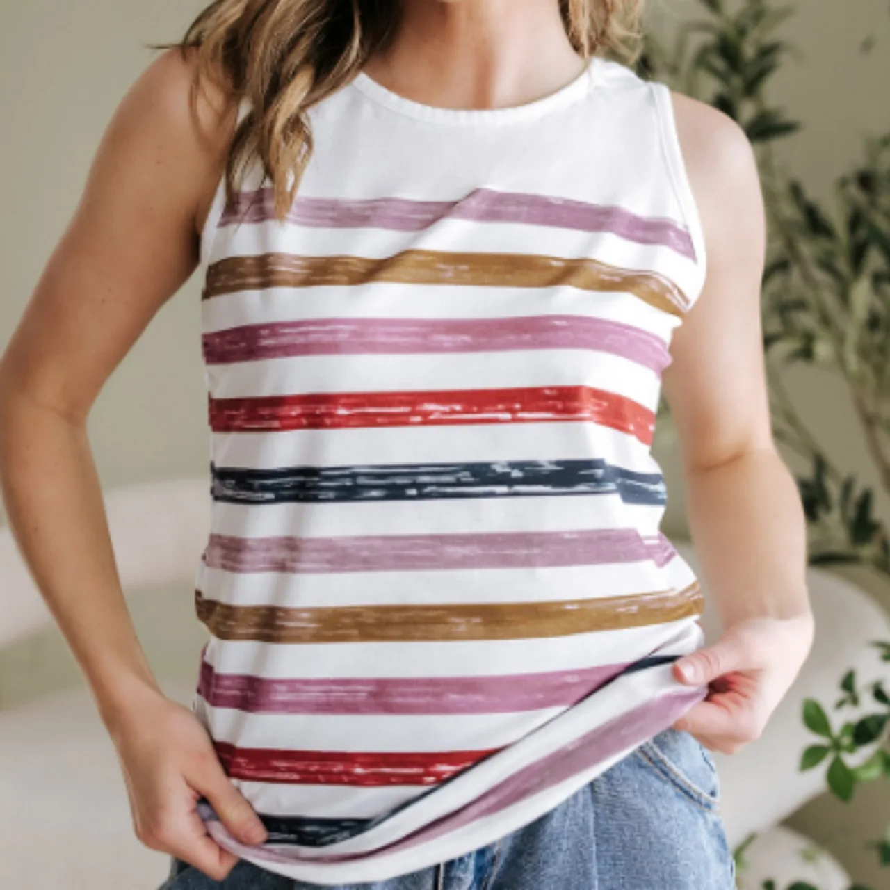 Red Stripe Rainbow Round Neck Tank Top - Red Stripe