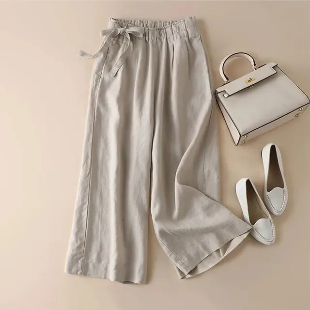 High Waist Side Lace up Retro Art Elastic waist Casual Pants For Women Optic Linen - Shop at LoveMi