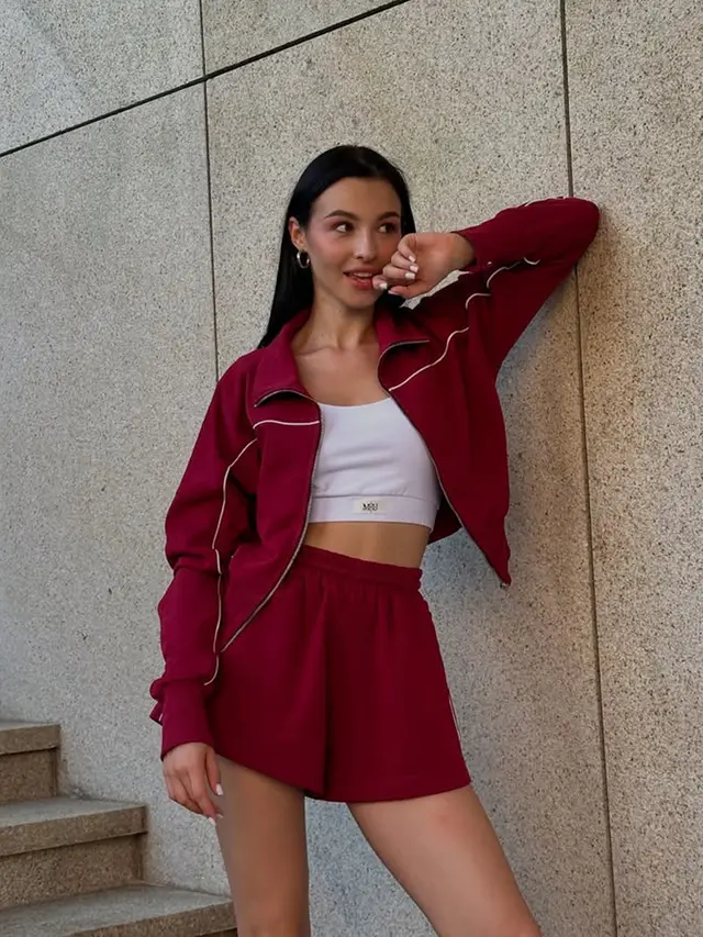 Elastic Shorts Striped Design Two piece Set Wine Red - Shop at LoveMi