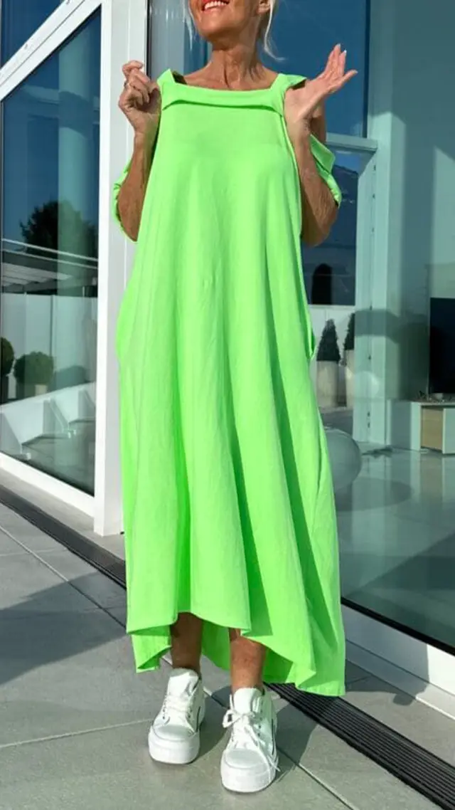 Women's Suspenders Loose Long Dress Cotton Grass Green - Shop at LoveMi