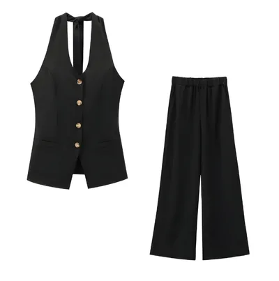 Classic Style Cotton And Linen Halterneck Vest Suit Women's Summer High grade Trousers Black Set - Shop at LoveMi