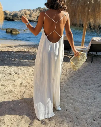 Summer Fashion Casual Loose Backless Holiday Dress White - Shop at LoveMi