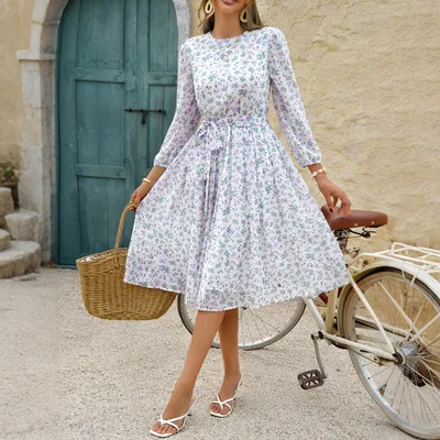 European And American Leisure Vacation Style Polka Dot Long Sleeve Maxi Dress White Purple Flower - Shop at LoveMi