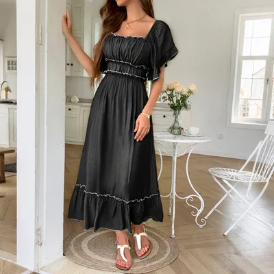 European And American Leisure Vacation Style Stringy Selvedge Short Sleeve Dress Black - Shop at LoveMi