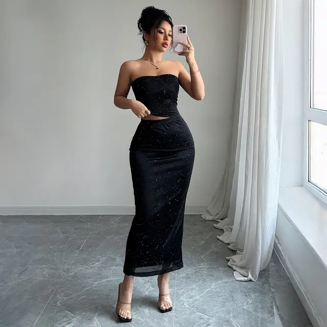 Elegant Style Tube Top Hip Skirt Suit Black - Shop at LoveMi