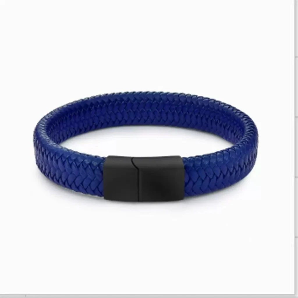 Men's Leather Magnetic Buckle Bracelet - Dark Blue Black Buttons 22Cm
