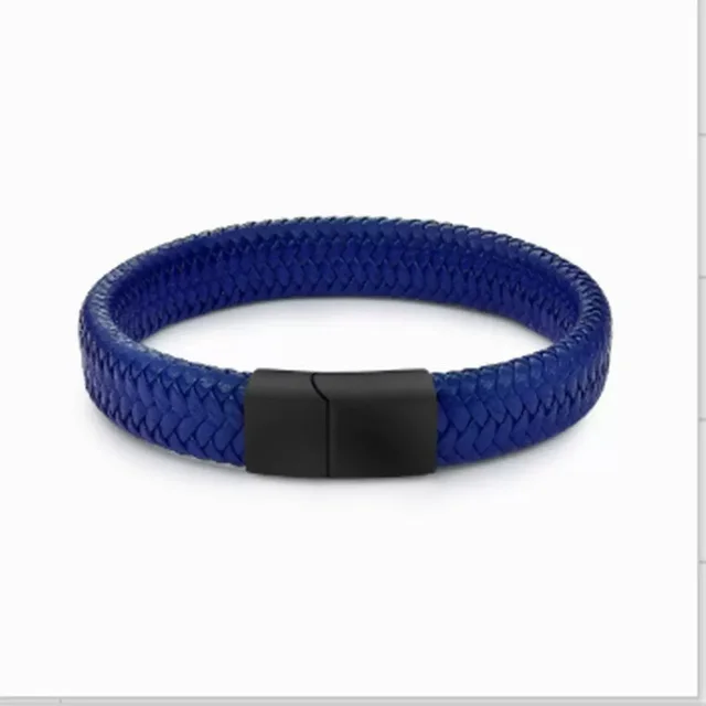 Men's Leather Magnetic Buckle Bracelet Dark Blue Black Buttons 22Cm - Shop at LoveMi