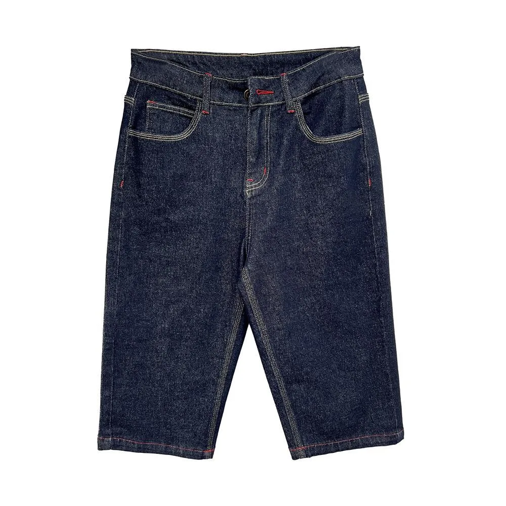 Women's Spring Red Stitching Straight-leg Denim Middle Pants - Denim Color