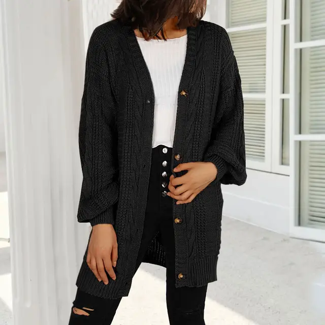 Autumn New Knitted Solid Color Plus Size Cardigan V neck Twist Lantern Sleeve Coat For Women Black - Shop at LoveMi