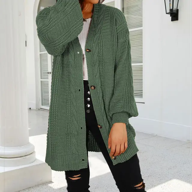 Autumn New Knitted Solid Color Plus Size Cardigan V neck Twist Lantern Sleeve Coat For Women Green - Shop at LoveMi