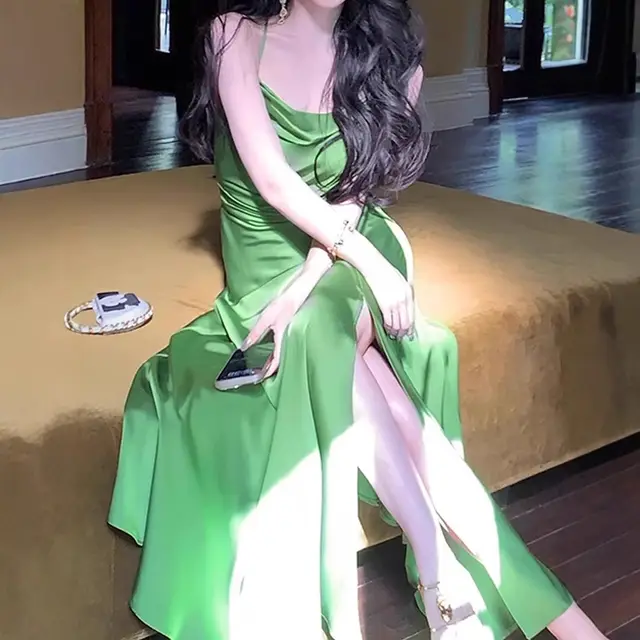 Summer Green Suspenders Dress Satin Slit Dress Green - Shop at LoveMi