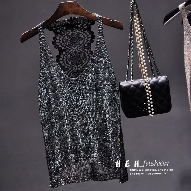 Sexy Off shoulder Vest Halter Sequined Lace Top Black Silver - Shop at LoveMi