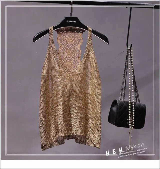 Sexy Off shoulder Vest Halter Sequined Lace Top Khaki Gold - Shop at LoveMi