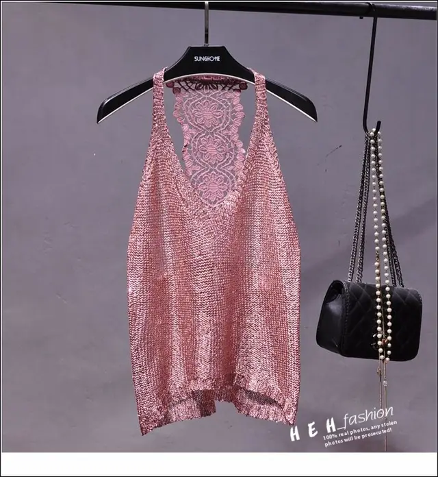 Sexy Off shoulder Vest Halter Sequined Lace Top Pink Gold - Shop at LoveMi