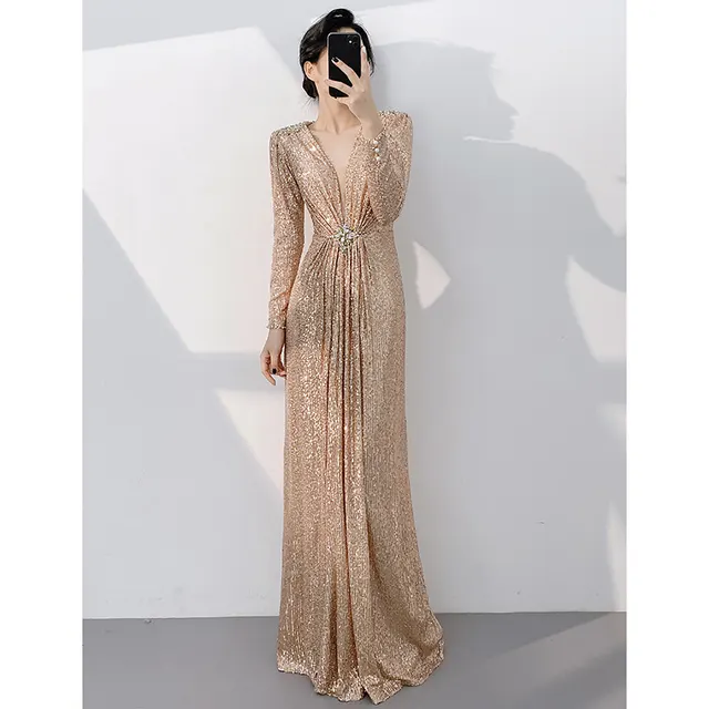 Silver Banquet Evening Dress Long Sleeve Slim fit Light Luxury Sequins Rose Gold - Shop at LoveMi