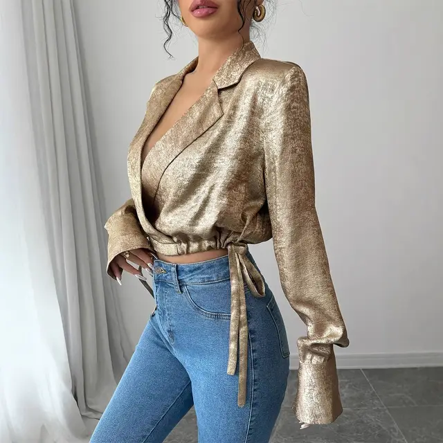 Graceful And Fashionable Casual Suit Collar Long Sleeve Drawstring Top Khaki - Shop at LoveMi